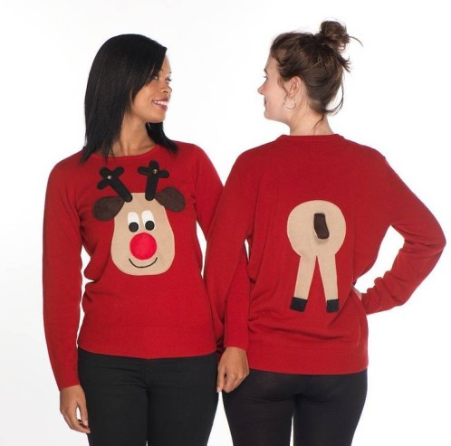Ladies Christmas jumper with double sided rudolf design