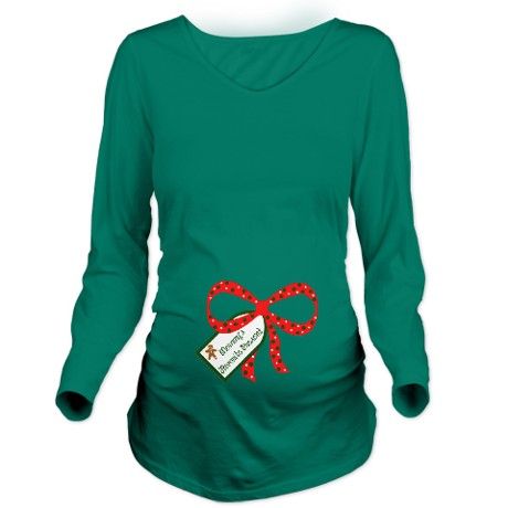 Maternity Christmas jumper, Green with red ribbon bow.
