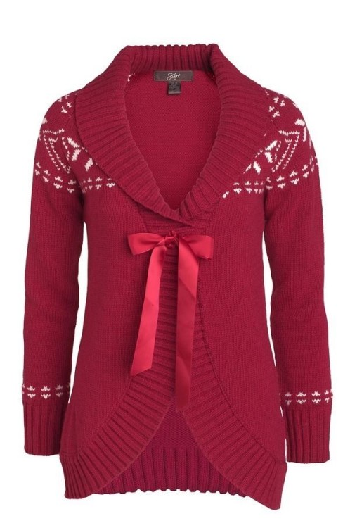 Women's maternity cardigan in red with bow and xmas snowflakes.