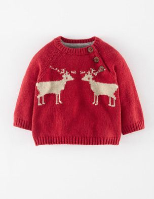 Baby Christmas jumper for boys. Red with two cream reindeers.