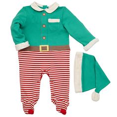 Baby Christmas elf outfit - green top, stripey red and white trousers and a green hat.