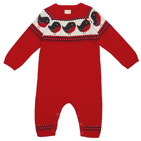 Christmas red romper suit with robins around the neck.