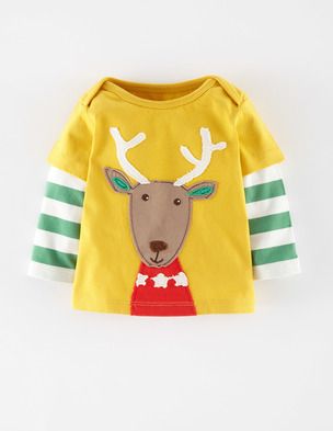 Baby Christmas t-shirt in yellow with white and green stripy sleeves and reindeer design.