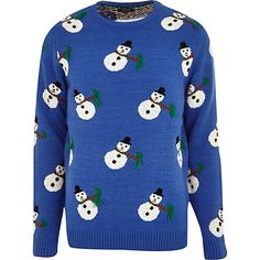 Blue Christmas novelty jumper with snowmen design pattern.
