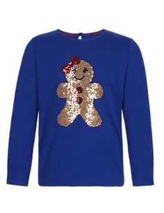blue Cristmas jumper with ginger-bread man design.