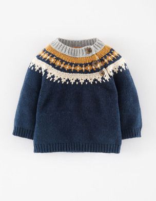 Boy's Christmas jumper in blue with button-up shoulder.