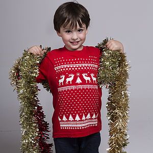 Red child's Christmas jumpers with classic design including deer