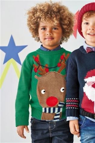 Green children's jumper with scarf wearing reindeer.