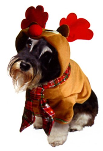 Christmas dog jumper with red horns, scarf and pom pom detail.