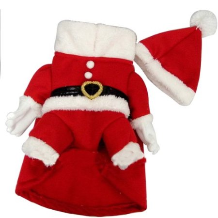 Santa outfit for dog. Fake arms and belt detail with elasticated hat