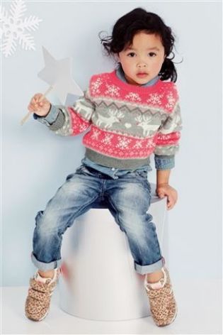 Girls Christmas jumper. Grey and pink with snowflake and reindeer detail.