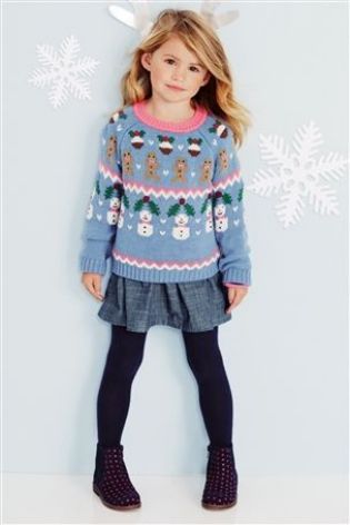 Girl's Christmas jumper. Light blue wool with xmas designs.