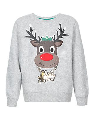 Grey rudolf jumper saying "Chris Moose"