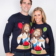 Happy Birthday Jesus Christmas jumper. Matching his and her's xmas jumpers with Jesus, Birthday cake and Birthday balloons.