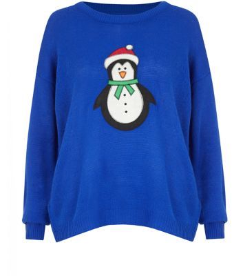 Ladies Christmas jumper. Blue with snowman penguin