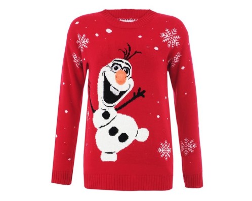 Red ladies christmas jumper featuring 'Olaf' from Disney's 'Frozen'