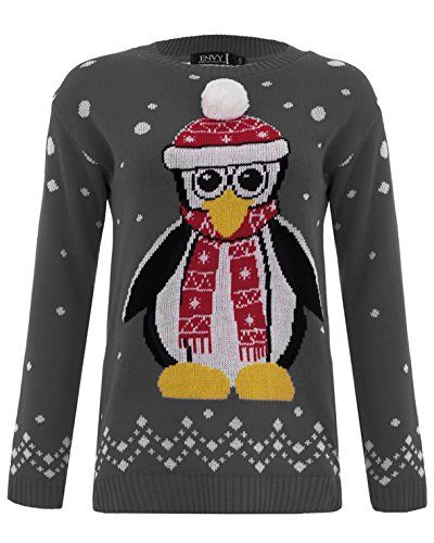 Ladies' grey jumper with penguin in hat and scarf design.