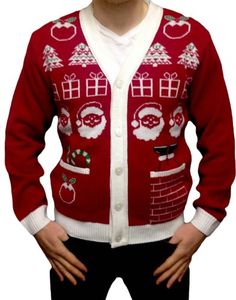 Santa Christmas cardigan with Christmas puddings, Santa, stick in a chimney, presents and Christmas trees.