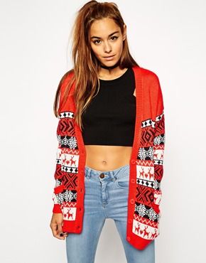 Red women's Christmas cardigan - could be worn all season or as a maternity top.