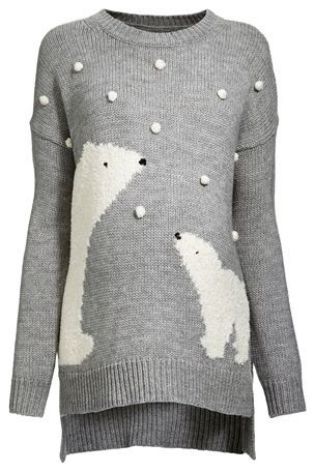 Maternity Christmas jumper. Grey with Mummy polar bear, baby bear and pom pom snowflakes.