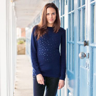 Maternity Christmas jumper. Dark blue with sequin designs.