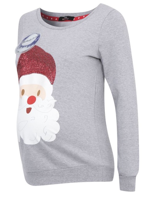 Maternity Christmas jumper. Grey jumper with Santa design and sequins on his xmas hat.