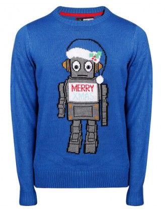 Men's blue Christmas jumper with santa robot design