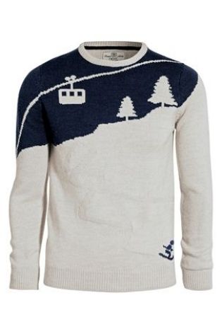 Men's winter season jumper with cable car, trees and mountain.
