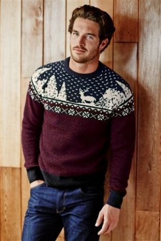 Men's Christmas jumper - burgandy and navy xmas jumper with reindeer, snowflakes and Christmas trees.