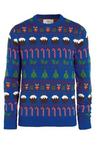 Men's novelty Chrismas jumper, blue wrapping paper theme.