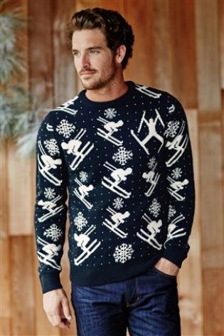 Men's Christmas Jumper with Jumping skiers.