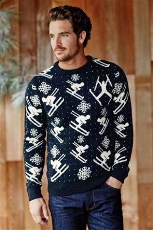 Jumping skier men's Christmas jumper in navy blue ⋆ Christmas Jumpers ...