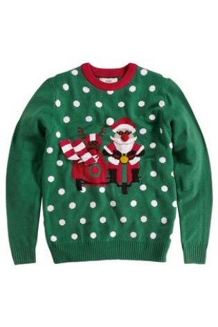 Santa on a motorbike Christmas jumper. Santa with Rudolf in a sidecar men's xmas jumper.