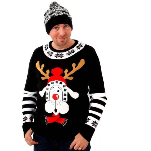 Retro Christmas jumper for men. Jumper in black with reindeer design.