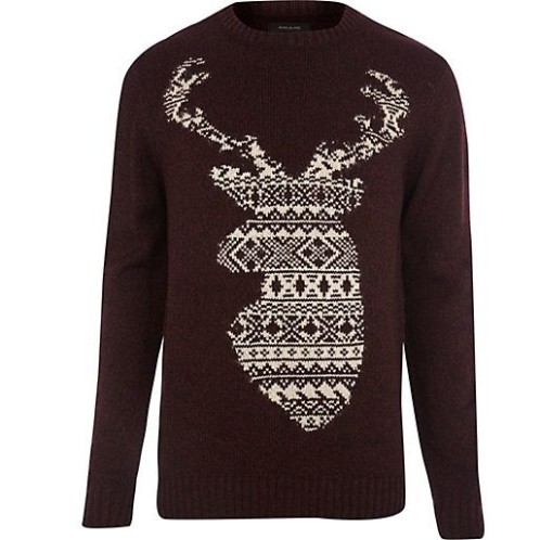 Men's burgundy jumper with stag head design.