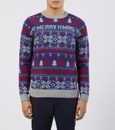 Men's Christmas jumper with bonker pattern in blue.