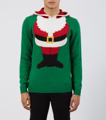 Men's novelty jumper with Santa design and hood.