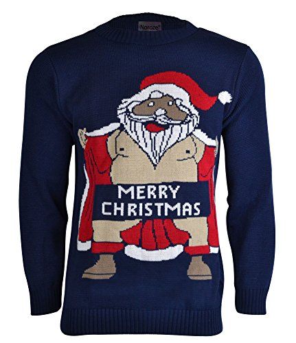 Flashing Santa with the words "Merry Christmas" covering his modesty Christmas jumper.