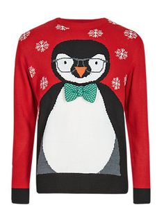 Red novelty jumper with penguin wearing glasses