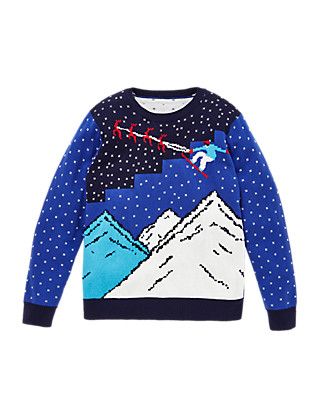 Winter season novelty jumper with snowborader in mountains