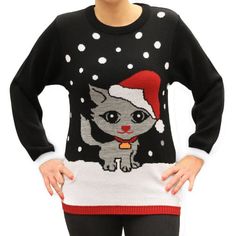 Ladies novelty jumper with cat wearing Santa's hat in snow.