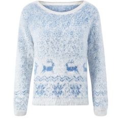 Women's Christmas jumper, blue-grey with reindeer and snowflakes.