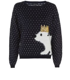 Dark blue women's Christmas jumper featuring a Polar bear wearing a crown