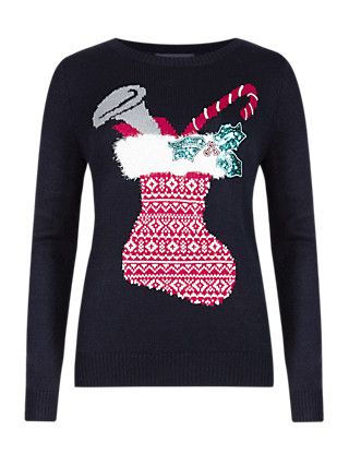 Women's xmas jumper with stocking fun.