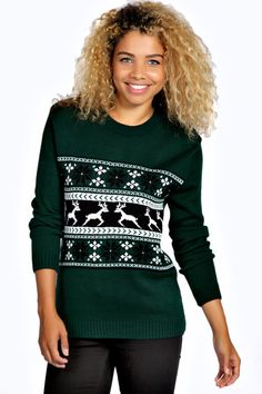 Ladies green xmas jumper with reindeer design.