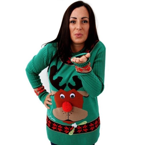 Women's novelty jumper in green with red rudolf.