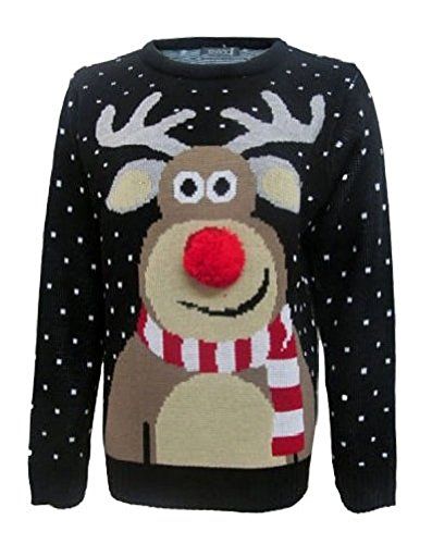 Women's black jumper with Rudolf design and pom-pom nose.