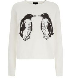 Women's Christmas jumper. Cream with sequined Penguins.