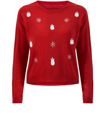 Women's Christmas jumper - red with snowmen and snowflakes.