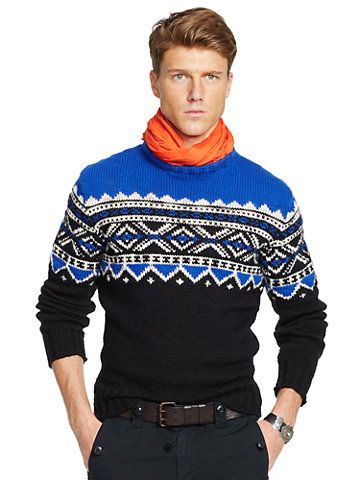 Men's Christmas jumper with orange scarf.